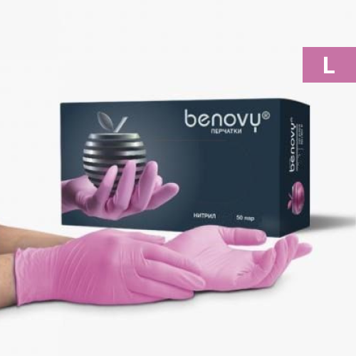 Перчатки нитриловые розовые размер L, 100 шт, BENOVY Nitrile MultiColor 